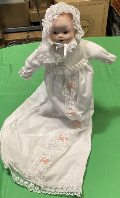 Vintage 1980 sankyo Porcelain 8.5 “ baby Doll- white dress