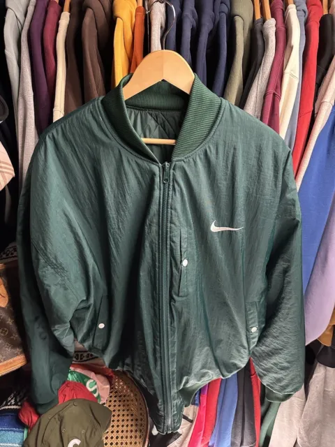 Vintage 90's NIKE Swoosh Reversible Quilted Bomber Jacket Size (XL) GREEN/WHITE