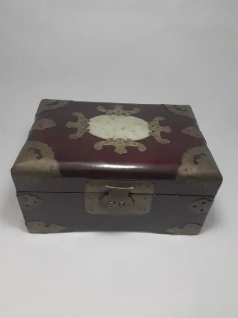 *CHINESE JEWELLERY BOX* vintage Wood Brass Decoration Jade Insert Chest Casket