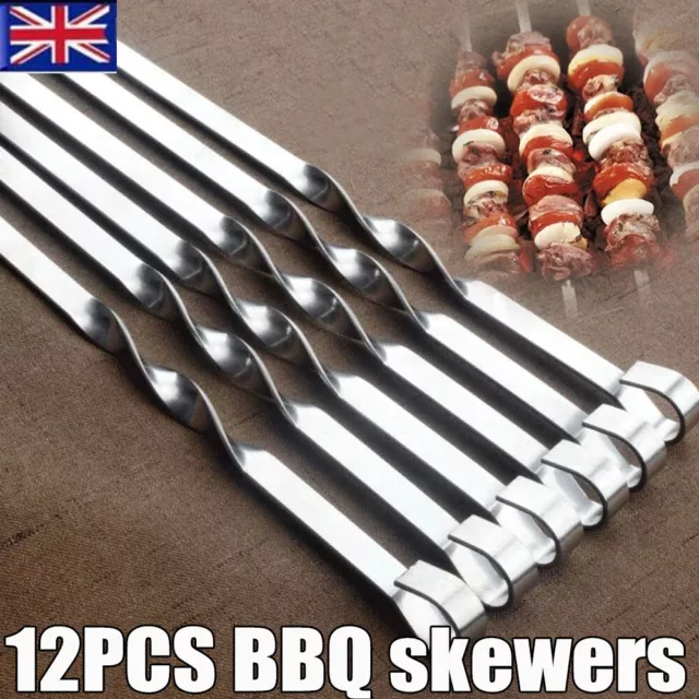 12-36x Stainless Steel Flat Meat BBQ Skewers Barbecue Sticks Grill Cooking Tool