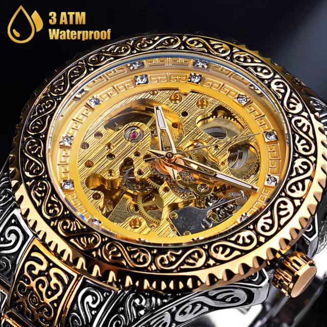 Gold Tone Skeleton Luxury Men Stainless Steel Automatic Mechanical Wrist Watch