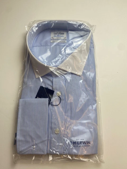 T.M. Camicia Lewin blu a righe 20"" - 38"" vestibilità regolare doppio polsino NUOVA