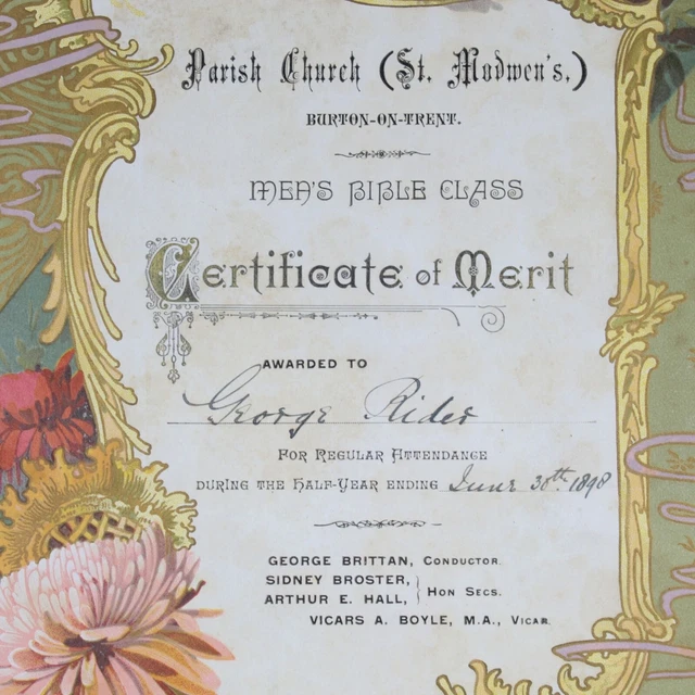 Parish Church St Modwens Burton On Trent Mens Bible Class Certificate 1898 #7