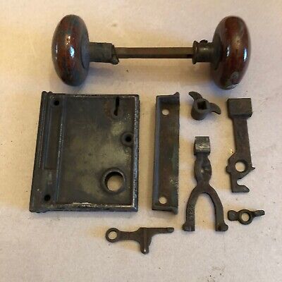 Vintage Mortise Lock Set with Brown Porcelain Knobs Sized for Screen Door 