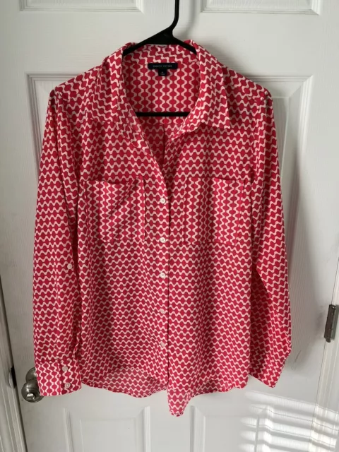 Tommy Hilfiger Women's Pink White Geometric Button Up Shirt Blouse Size Medium