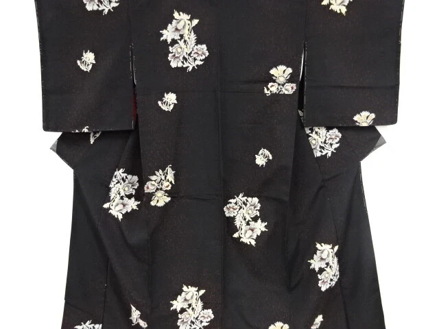 44546# Japanese Kimono / Antique Kimono / Woven Floral Plants