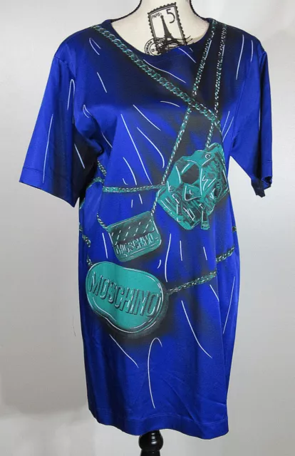 Moschino couture Milano, Blue T-Shirt Dress with Purse print images, Size US 4