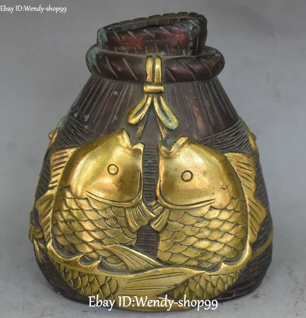 Unique Bronze Gilt Fish Goldfishes Wealth Money Bag Vat Jar Pot Cylinder Statue