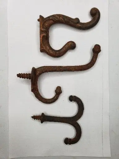Lot of 3 Salvaged Antique Small Cast Iron Screw In Double Coat Hooks