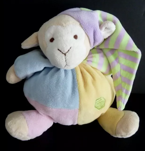 M4. DOUDOU PELUCHE BOULE CMP MOUTON jaune rose vert bleu mauve bonnet 16cm TTBE