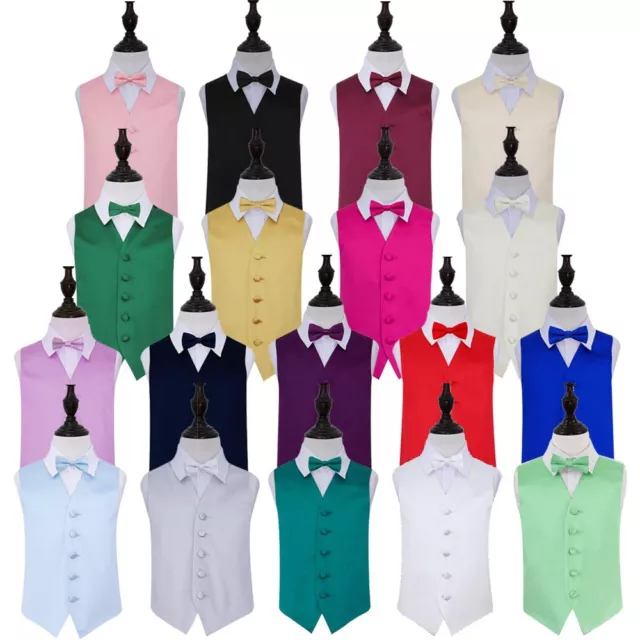 Boys Waistcoat Bow Tie Set Satin Plain Solid Formal Wedding Vest by DQT