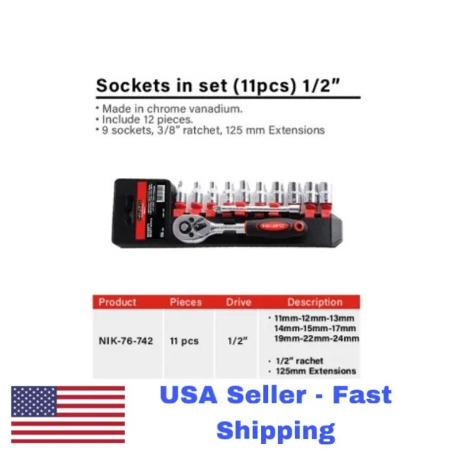 11 Pieces Socket Tool Set 1/2”  Ratchet Set METRIC 11mm-24mm NIKATTO USA STOCK