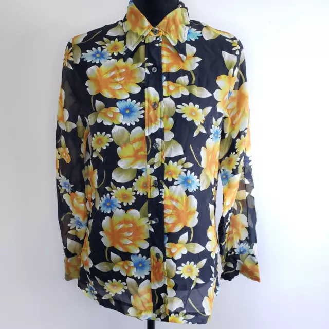 Vtg 70s Floral Print Dagger Collar Blouse Size L Semi Sheer Button Up Black