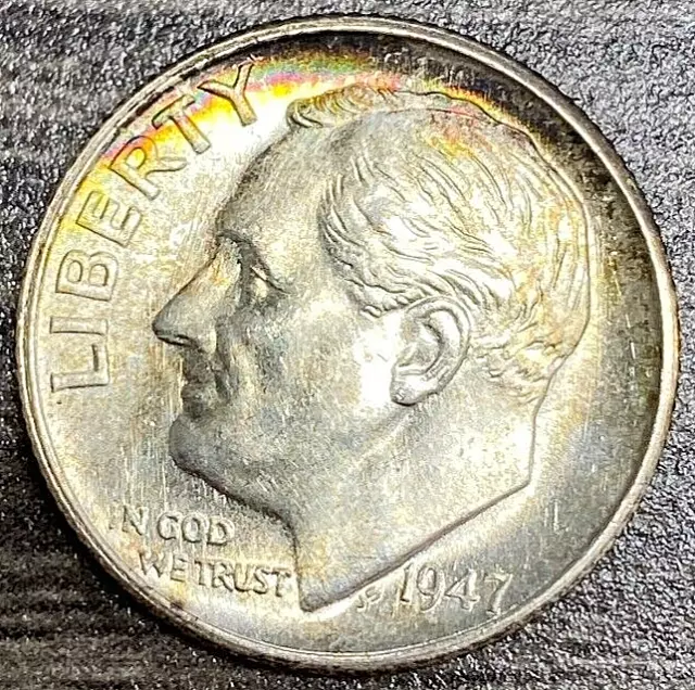 1947 S Roosevelt 90% Silver Dime BU Rainbow Toned FREE SHIPPING