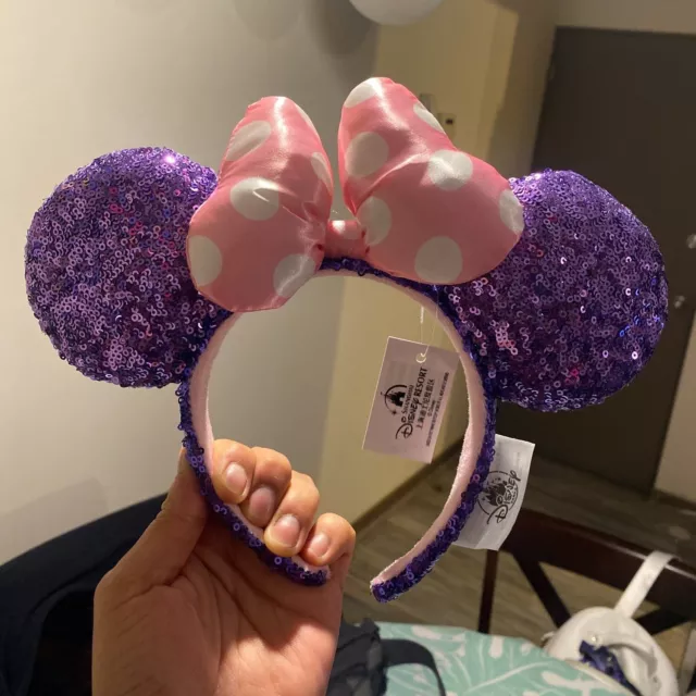 Purple Sequin Disney- Parks Headband Minnie Ears Rare Resort Pink Polka Dot