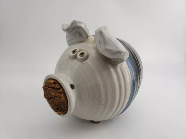 Pottery Piggy Bank, Coin Bank, Cork Stopper, Blue, Stoneware