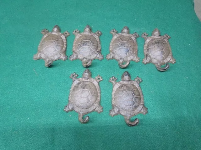 6 Cast Iron Antique Style Nautical TURTLE Key Hooks Hat Hook Rack Towel Sea
