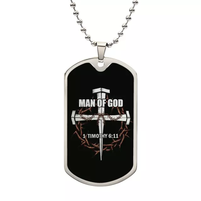 Man of God Cross Timothy Necklace Dog Tag Stainless Steel or 18k Gold w 24" Cha