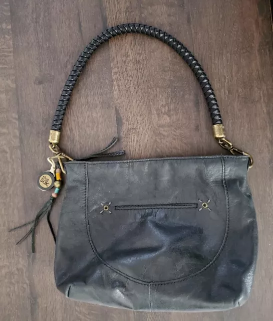 The Sak Black Leather Shoulder Bag Handbag, Braided Strap, Boho, Hobo, Beads
