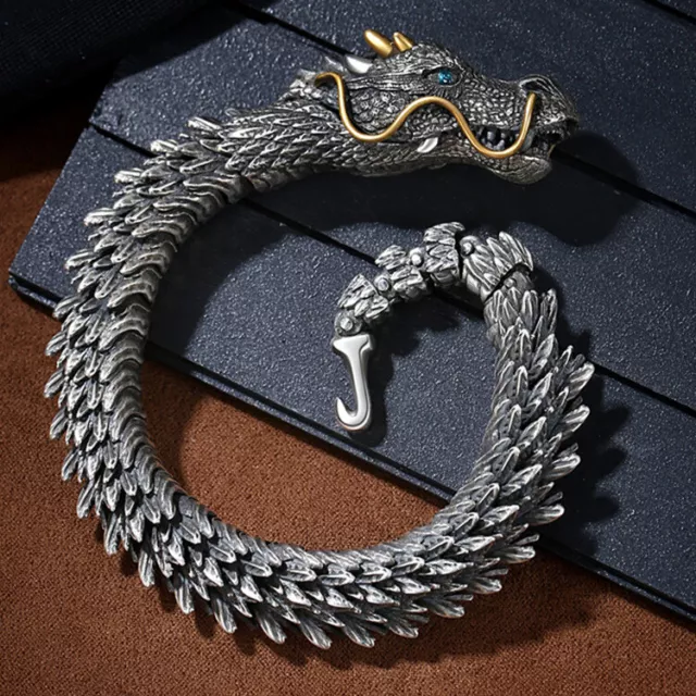 China Dynasty Miao Silver Gilt Carved Dragon Beast Animal Lucky Bracelets