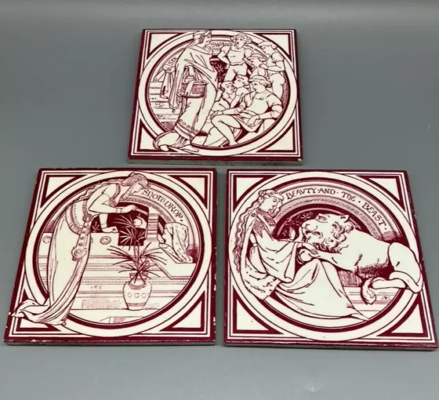 Set Of Three Antique Minton Pottery Tiles Red On White Fairy Tales Series 1870'S