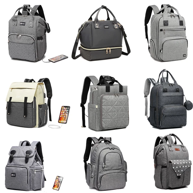 Kono Grey Baby Mummy Diaper Nappy Backpack Changing Shoulder Bag Pram Clips