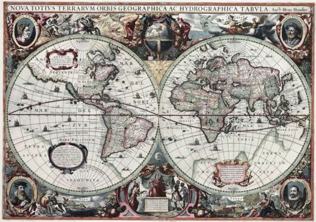1630 Map of the World by Hendrik -Henricus- Hondius Historic Graphic Art Print