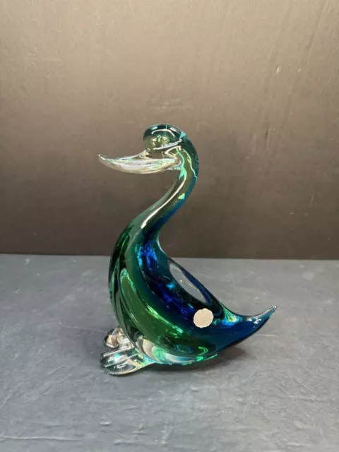 Archimede Seguso Style Murano Glass Green And Blue Duck Figurine Original Label