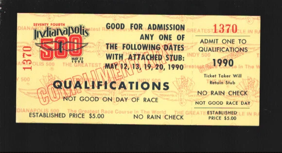 Indianapolis 500 Ticket Stub 5/12/1990-Qualifications-May 12-20-Size is about...