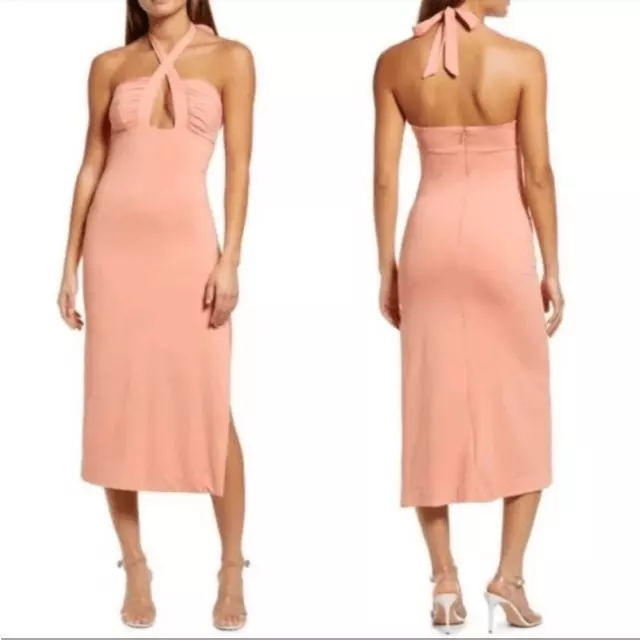 Bardot Dress Womens Medium Guilia Peach Criss Cross Halter Midi