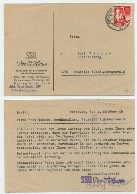 62061 - Baden - Postkarte - SSG Peter Hauser Büromaschinen - Freiburg 1.10.1948