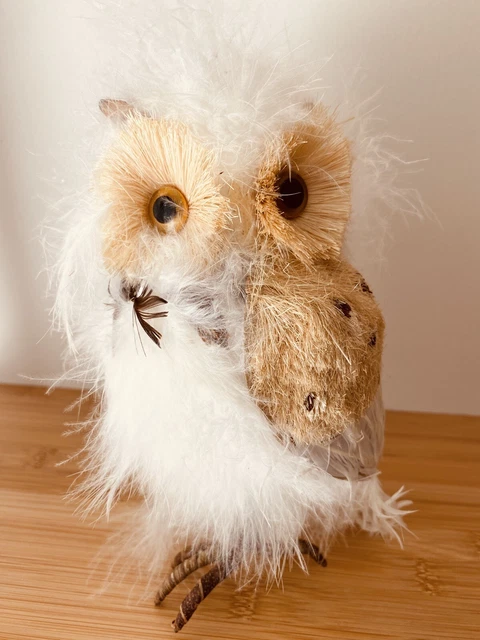 Feather Owl Vintage 8 Inch Decorative White and Tan