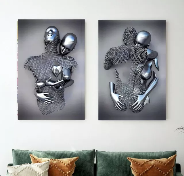 Silver Metallic 3D Effect Lovers Couple Art SET OF 2 Wall Canvas or Paper Print