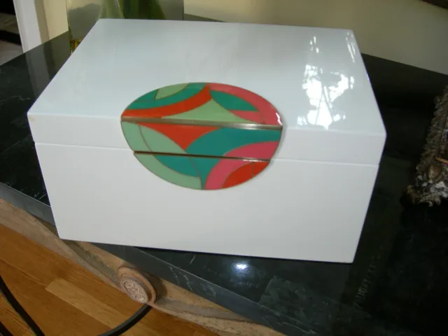 West Elm Lacquer Glossy White Jewelry Box With Colorful Embellishment
