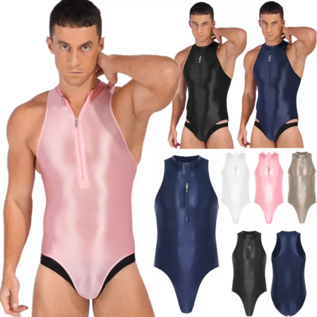 Mens Sexy Glossy Sleeveless Zipper Front Bodysuit Gymnastics Jumpsuit Underwear