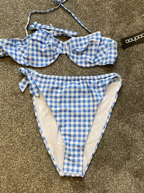 Boohoo Bikini Size 24 Baby Blue Gingham Sexy Beach Wear Plus Range 💙 High Leg