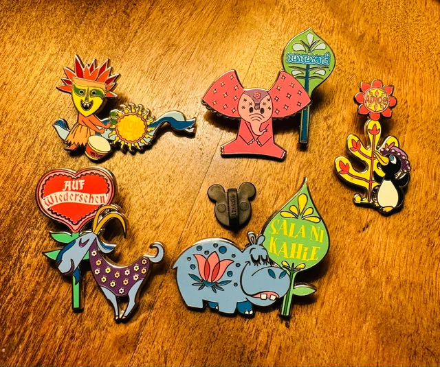 Disneyland Its A Small World 5 Pin Good Bye  Set Disney Hippo Goat Pink Elephant