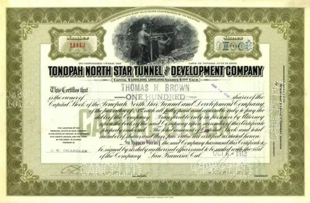 Tonopah North Star Tunnel and Development Co. - Mining Stock Certificate - Minin