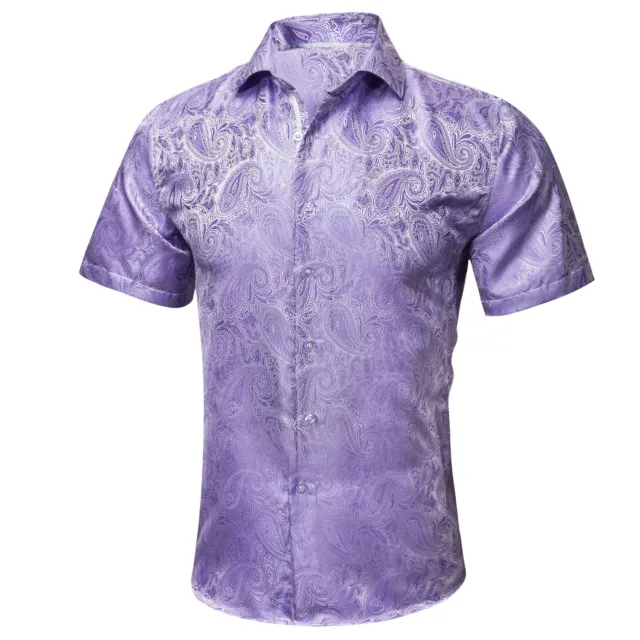 Silk Mens Short Sleeve Shirts Casual Button Slim Paisley Burgundy Blue S M 3XL