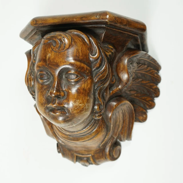 19c Hand Carved Wood Cherub Angel Victorian Console Wall Shelf Bracket
