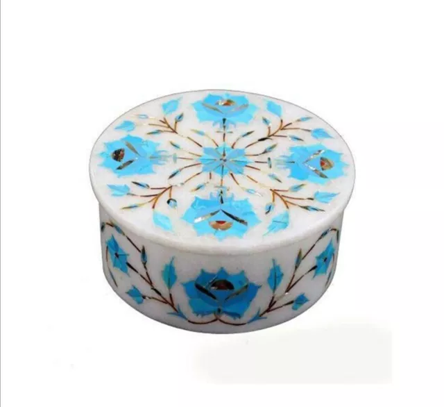 Flower Pattern Inlay Work Corporative Gift Box White Round Marble Trinket Box