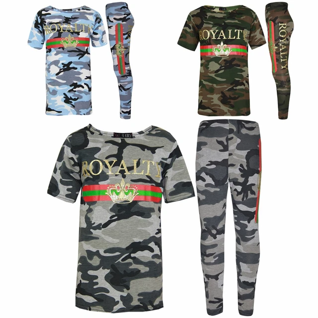 Girls Tops Kids Royalty Camouflage T Shirt Top & Legging Loungewear Set 7-13 Yr