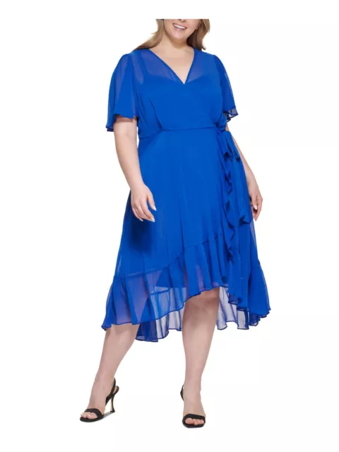 CALVIN KLEIN Womens Blue Lined Tie Elbow Sleeve Midi Faux Wrap Dress Plus 14W