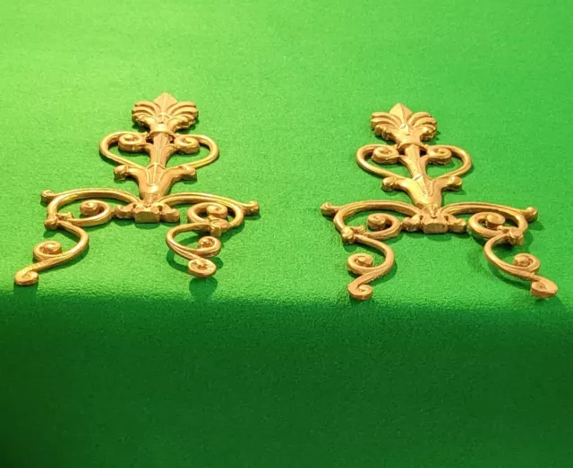 Pair large vintage brass decorative furniture mounts, ornamental, Greek, scroll