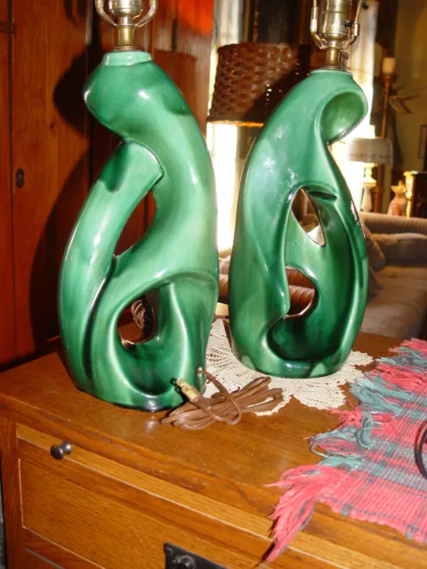MCM Abstract green ceramic table lamp pair - 1950s 2