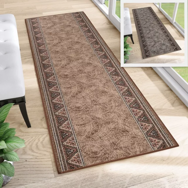 Beige & Grey Long Runner Rug Hallway Hall Anti-Slip Carpet Geometric Floor Mat