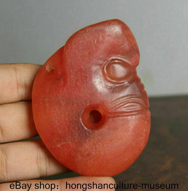 3" china Hongshan Culture Old Red Crystal Carved Pig Dragon Hook Pendant