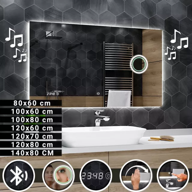 Espejo De Baño LED Iluminado con Interruptor de luz, Reloj, Bluetooth Dubai