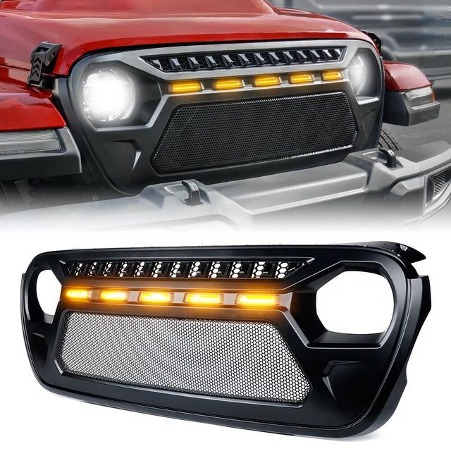 FRONT GRILLE MATTE Mesh Black w/ Strobe Lights for 20182023 Jeep