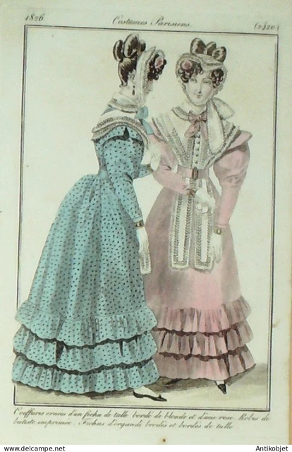 Gravure La mode 1835 n°470 Robe mousseline ornée de broderies